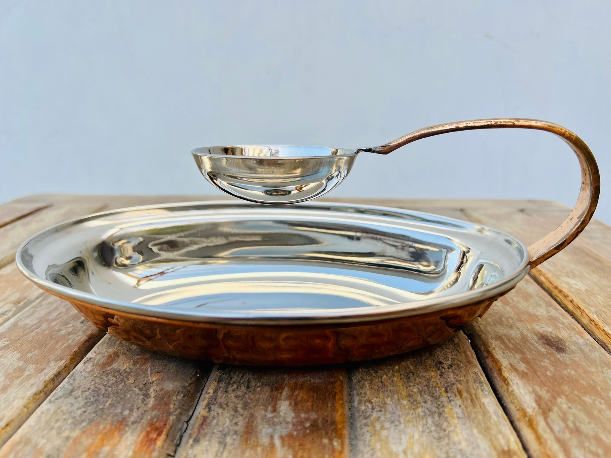 Oval hammered copper bowl with a dip bowl top